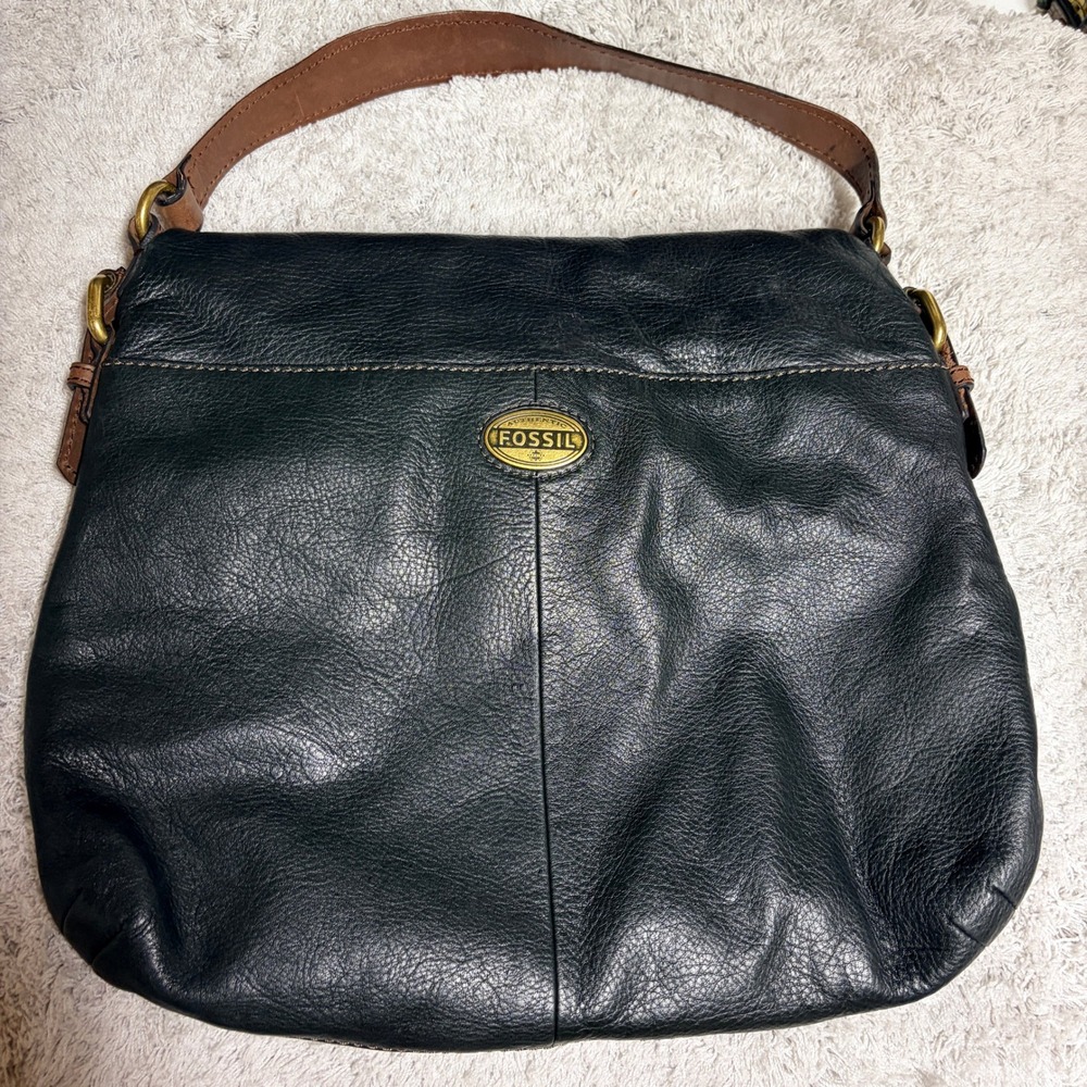 Fossil Black Pebbled Leather Foldover Shoulder Bag Brown‎ Trim Brass Hardware